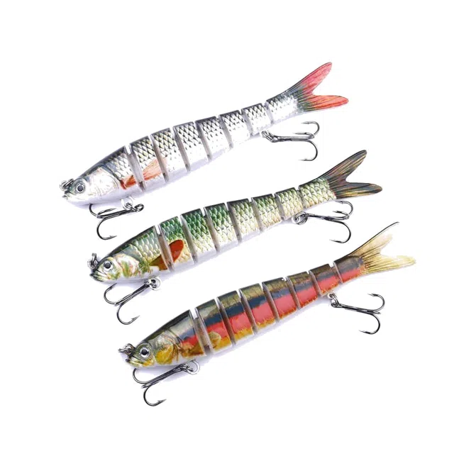 Three jointed swimbaits in silver.