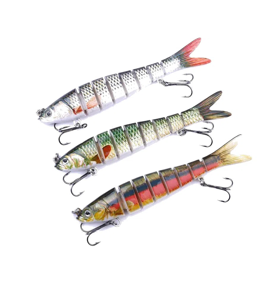 Three jointed swimbaits in silver.
