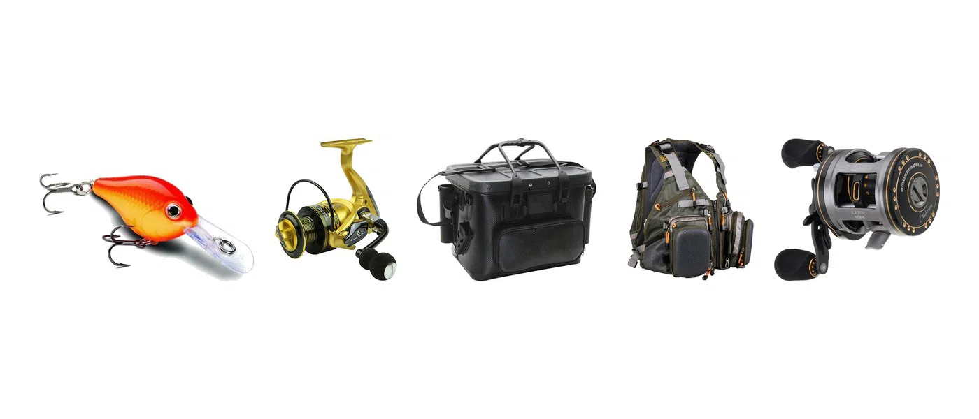 A lure, a reel, a tackle box, a vest and a baitcaster in a row.