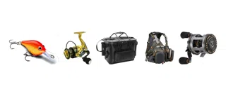 A lure, a reel, a tackle box, a vest and a baitcaster in a row.