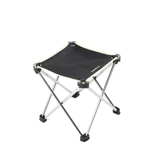 A folding stool with aluminium legs and a canvas seat.