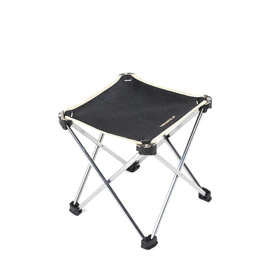 A folding stool with aluminium legs and a canvas seat.