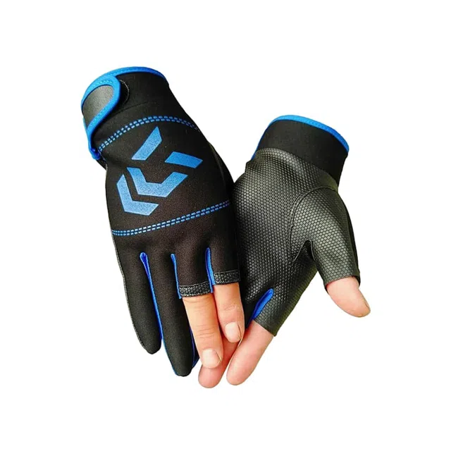 A pair of fishing gloves, three fingers cut back.