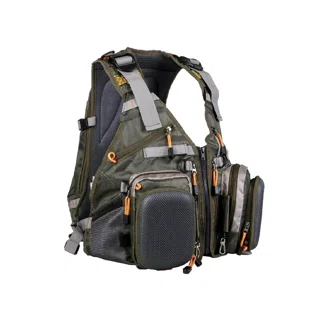 A green fishing vest with its pockets buckled.