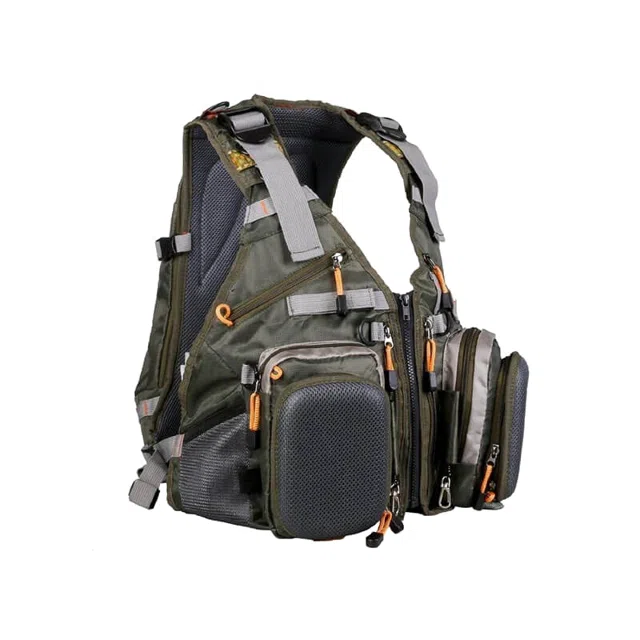 A green fishing vest with its pockets buckled.