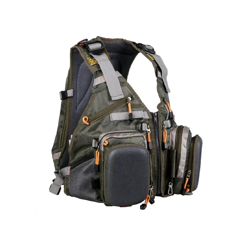 A green fishing vest with its pockets buckled.