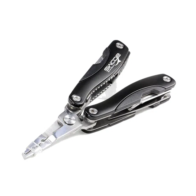 Fishing pliers, open, with the cutters showing.