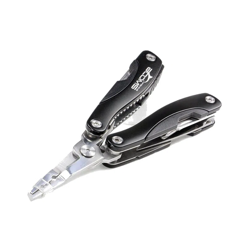 Fishing pliers, open, with the cutters showing.