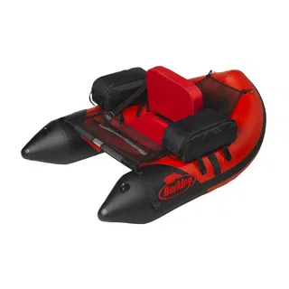 A red inflatable float tube, seen from the side.