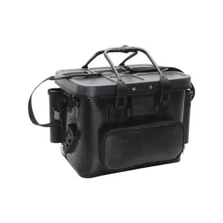 A hard-sided black tackle box, shut, with its strap over the side.