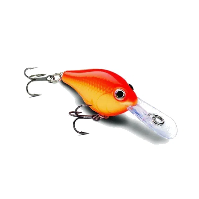 The crankbait in firetiger, orange over a yellow belly.